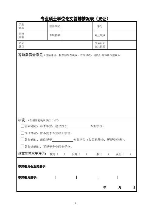 专业硕士学位论文答辩情况表(双证)