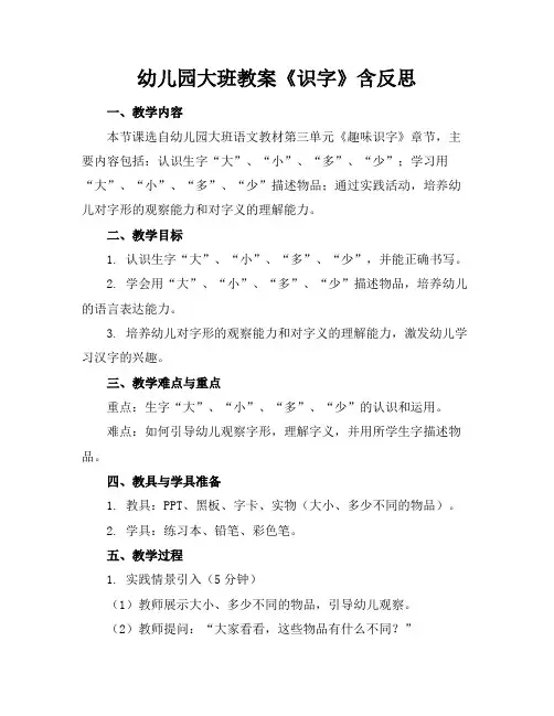 幼儿园大班教案《识字》含反思