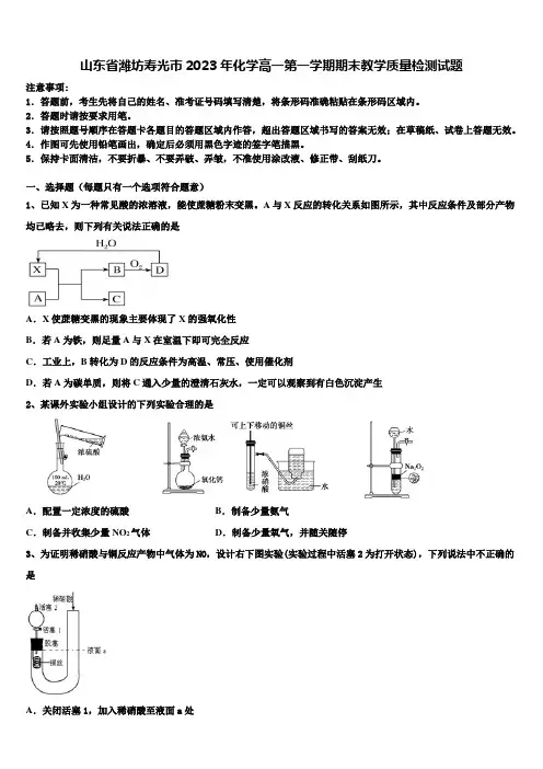 山东省潍坊寿光市2023年化学高一第一学期期末教学质量检测试题含解析