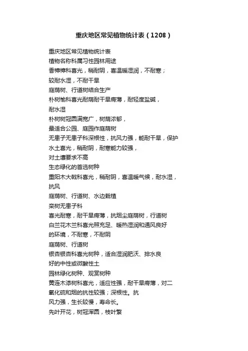 重庆地区常见植物统计表（1208）
