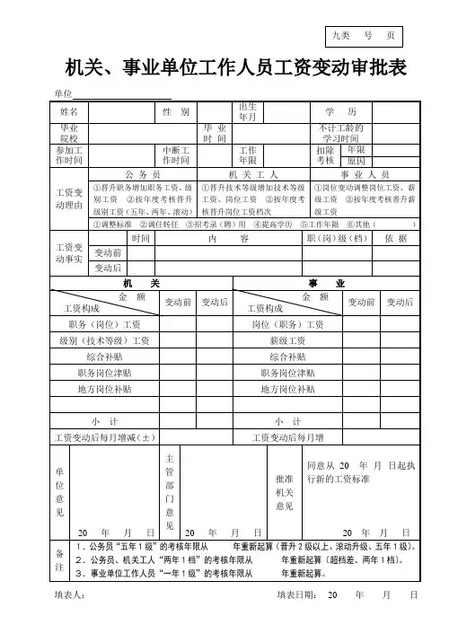 机关、事业单位工作人员工资变动审批表