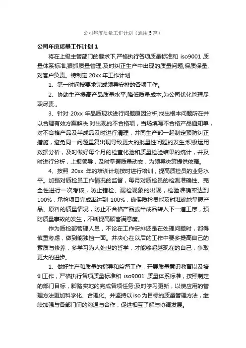 公司年度质量工作计划（通用5篇）