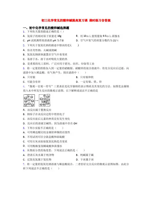 初三化学常见的酸和碱提高复习课 课时练习含答案