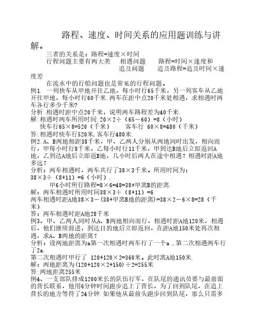 路程、速度、时间关系的应用题训练与讲解