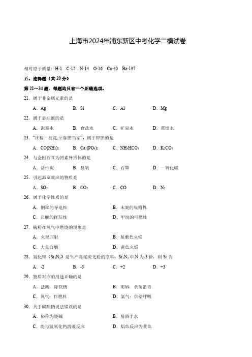 上海市2024年浦东新区中考化学二模试卷