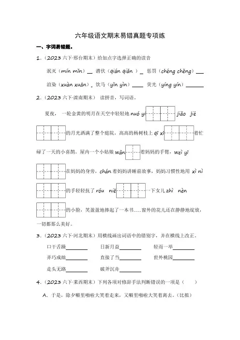 统编版2023-2024学年语文六年级下册期末易错真题专项练(有解析)