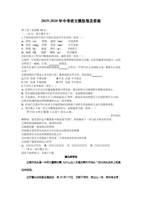 2019-2020年中考语文模拟卷及答案