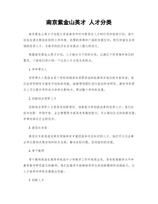 南京紫金山英才 人才分类