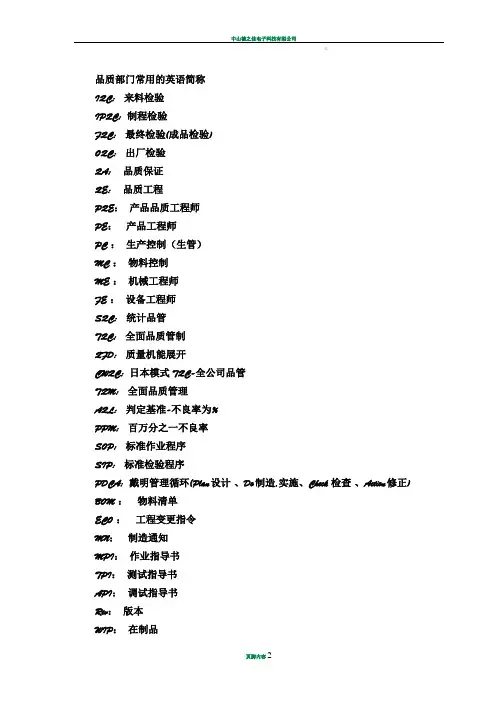 品质部门常用的英语简称