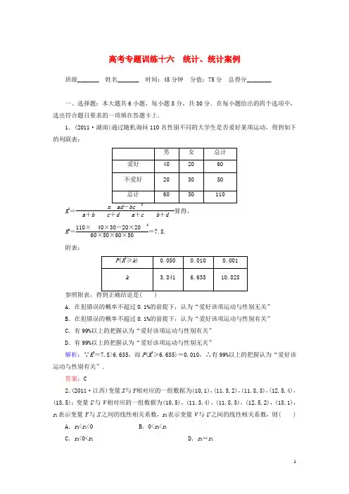 高考数学二轮总复习专题训练十六 统计、统计案例 理