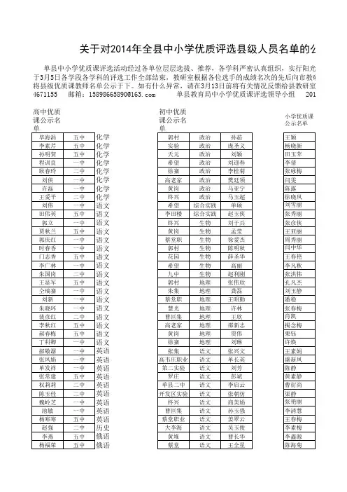 2014年单县中小学优质课获得者名单