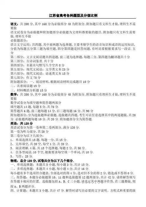 江苏高考各科试卷题型及分值比例