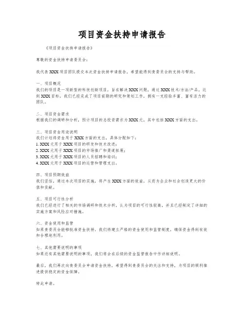 项目资金扶持申请报告