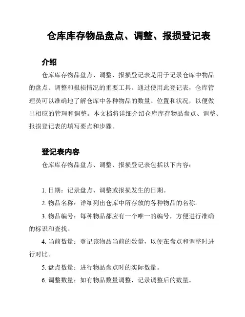 仓库库存物品盘点、调整、报损登记表