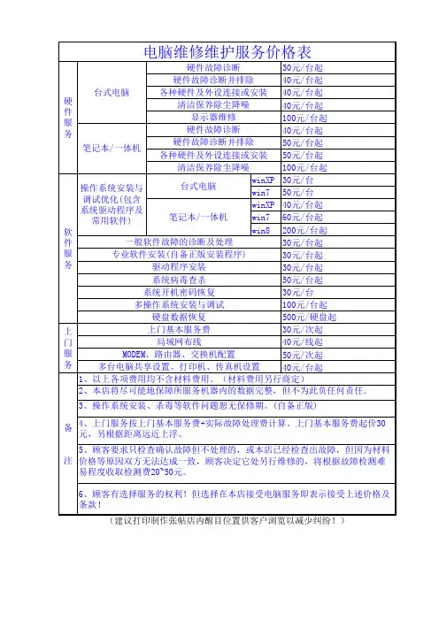 电脑维修维护服务价格表