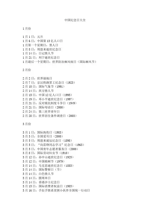 中国纪念日大全