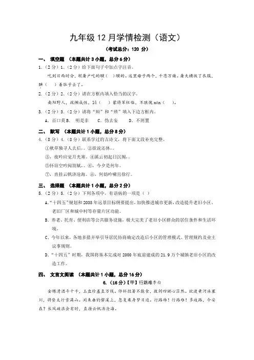 九年级12月学情检测(语文)试题含答案