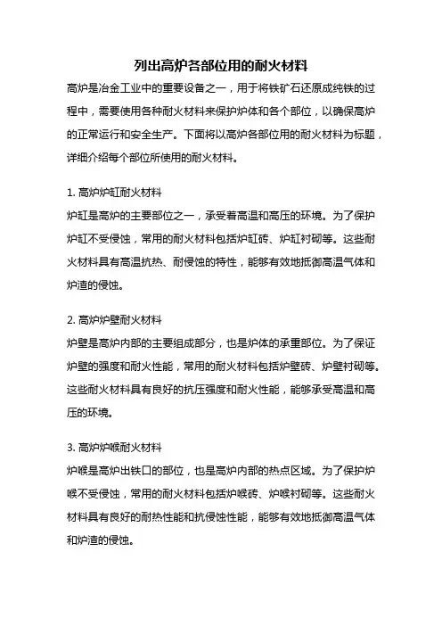 列出高炉各部位用的耐火材料