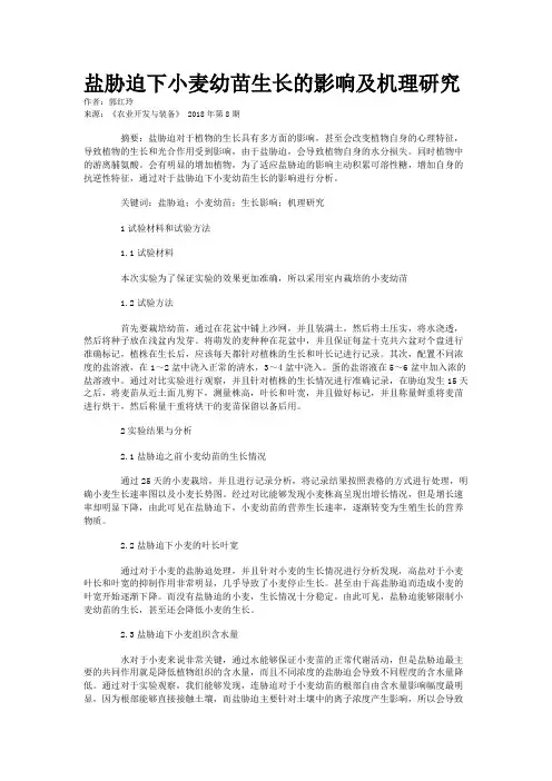 盐胁迫下小麦幼苗生长的影响及机理研究
