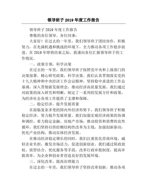 领导班子2019年度工作报告