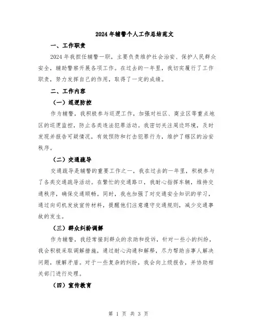 2024年辅警个人工作总结范文