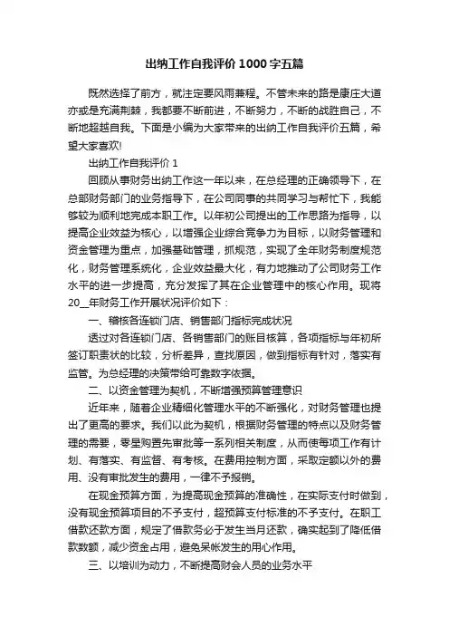 出纳工作自我评价1000字五篇