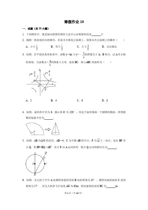 2020九年级数学综合试卷中考试题模拟考试综合练习寒假作业1含答案解析寒假作业10