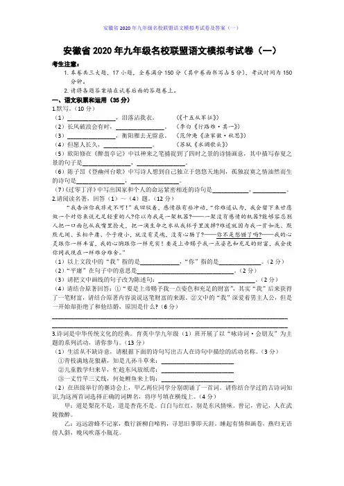 安徽省2020年九年级名校联盟语文模拟考试卷及答案(一)