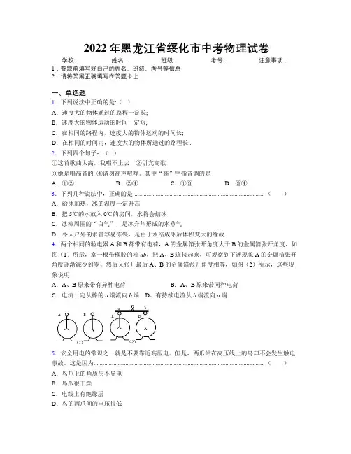 2022年黑龙江省绥化市中考物理试卷附解析