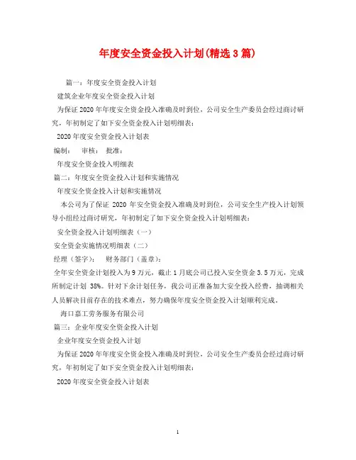 年度安全资金投入计划(精选3篇)