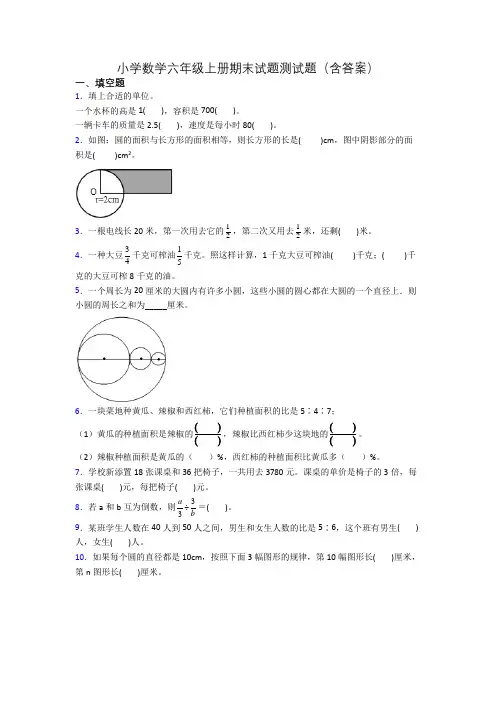 小学数学六年级上册期末试题测试题(含答案)