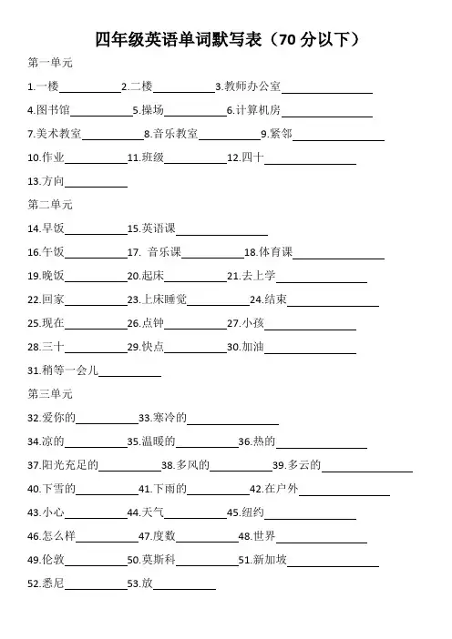 新人教版四年级下册英语单词默写表70分以下