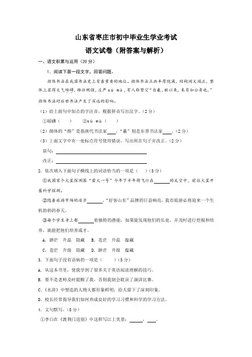 山东省枣庄市初中毕业生学业考试语文试卷(附答案与解析)