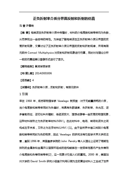 正负折射率介质分界面反射和折射的仿真