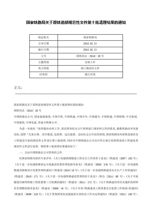 国家铁路局关于原铁道部规范性文件第十批清理结果的通知-国铁科法〔2018〕20号