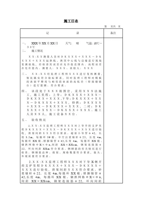 隧道施工日志范本