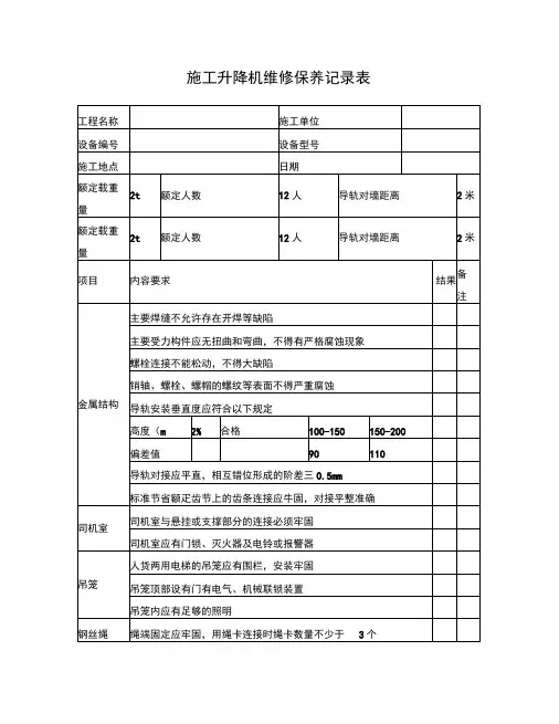 施工升降机维修保养记录表