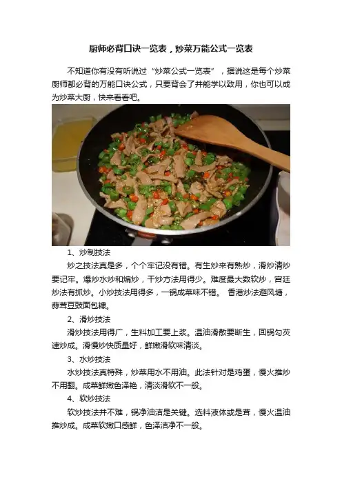 厨师必背口诀一览表，炒菜万能公式一览表