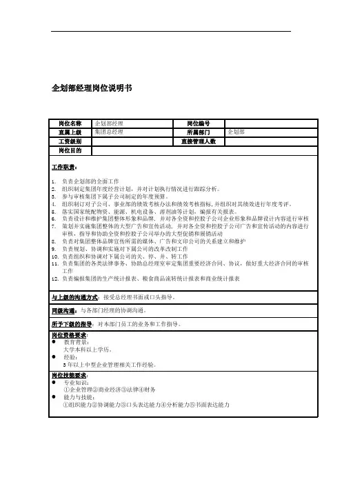 企划部岗位说明书