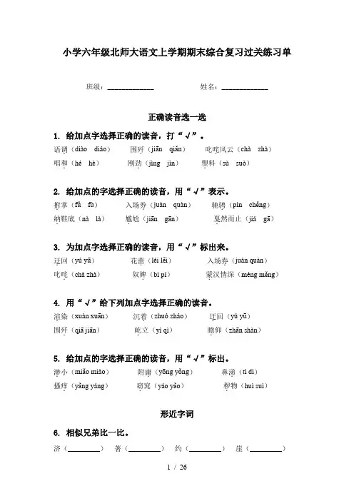 小学六年级北师大语文上学期期末综合复习过关练习单