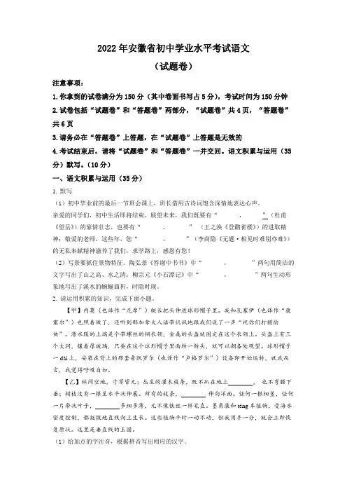 2022年安徽省中考语文真题(原卷版)