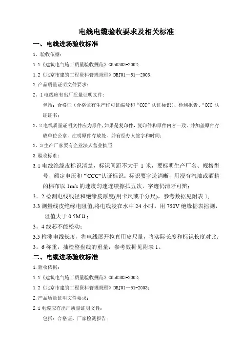 电线电缆验收要求及相关标准