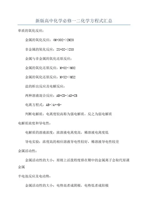 新版高中化学必修一二化学方程式汇总