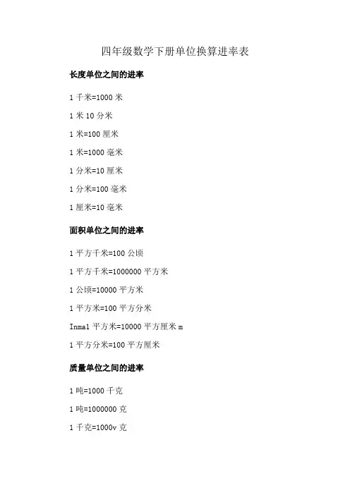 四年级数学下册单位换算进率表