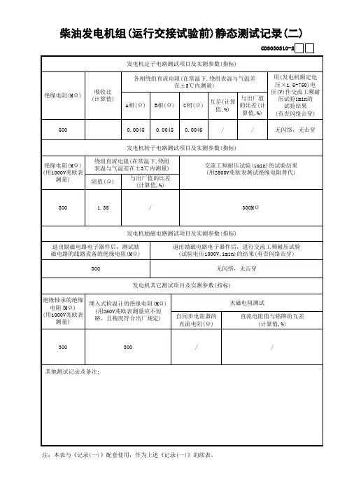 10柴油发电机组(运行交接试验前)静态测试记录(2)GD3030310