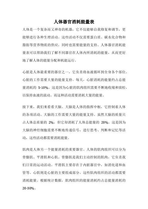 人体器官消耗能量表