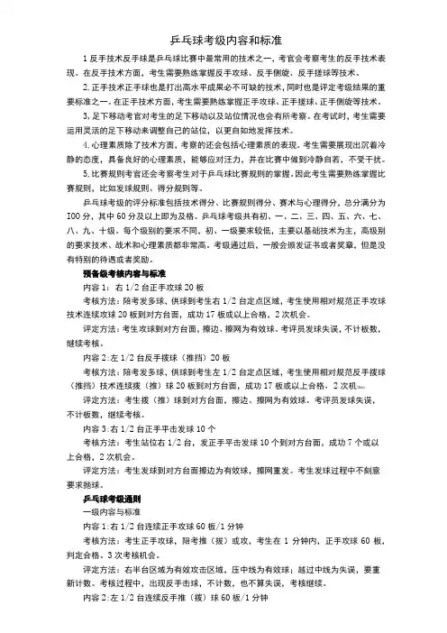 乒乓球考级内容和标准