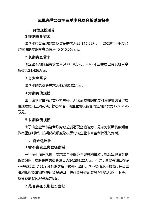 600071凤凰光学2023年三季度财务风险分析详细报告