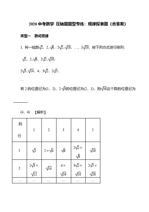 (最新)2020年中考数学压轴题题型专练：规律探索题(含答案)