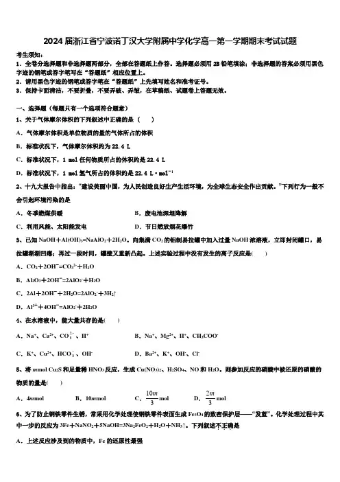 2024届浙江省宁波诺丁汉大学附属中学化学高一第一学期期末考试试题含解析